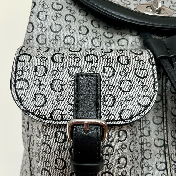 GUESS Black and Grey Faux Leather Signature Logo Casual Drawstring Backpack Bag - Picture 2 of 13